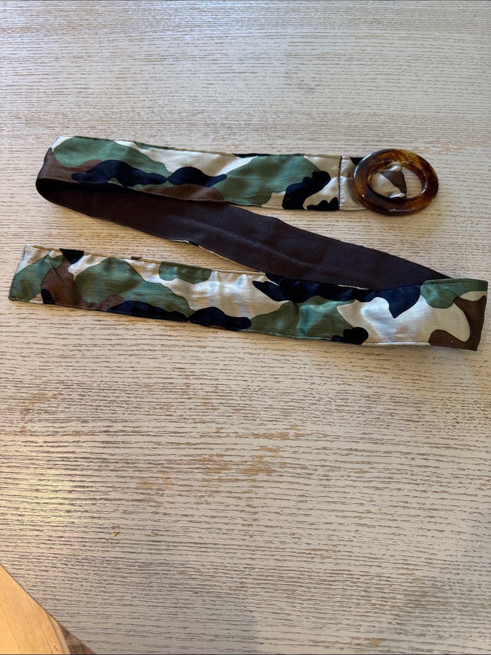 Woman's  Camouflage Fabric Belt with Tortoiseshell Ring Buckle